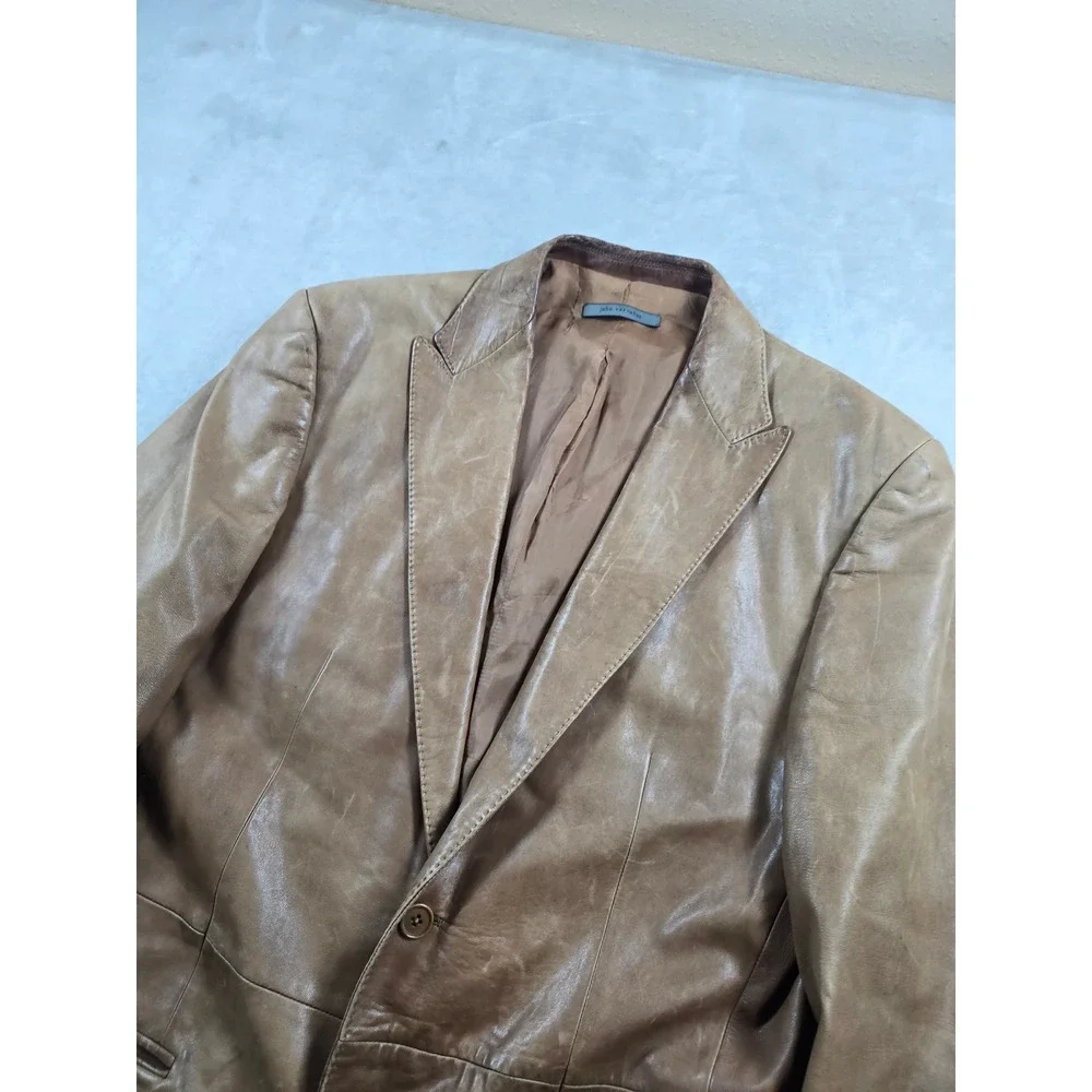 John Varvatos Leather Blazer Mens Medium 40R Brown Lambskin Vintage Made Italy